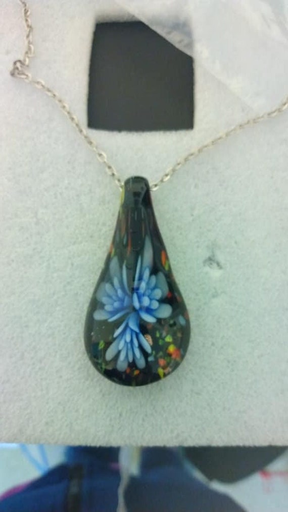 Handmade black and blue floral glass pendant