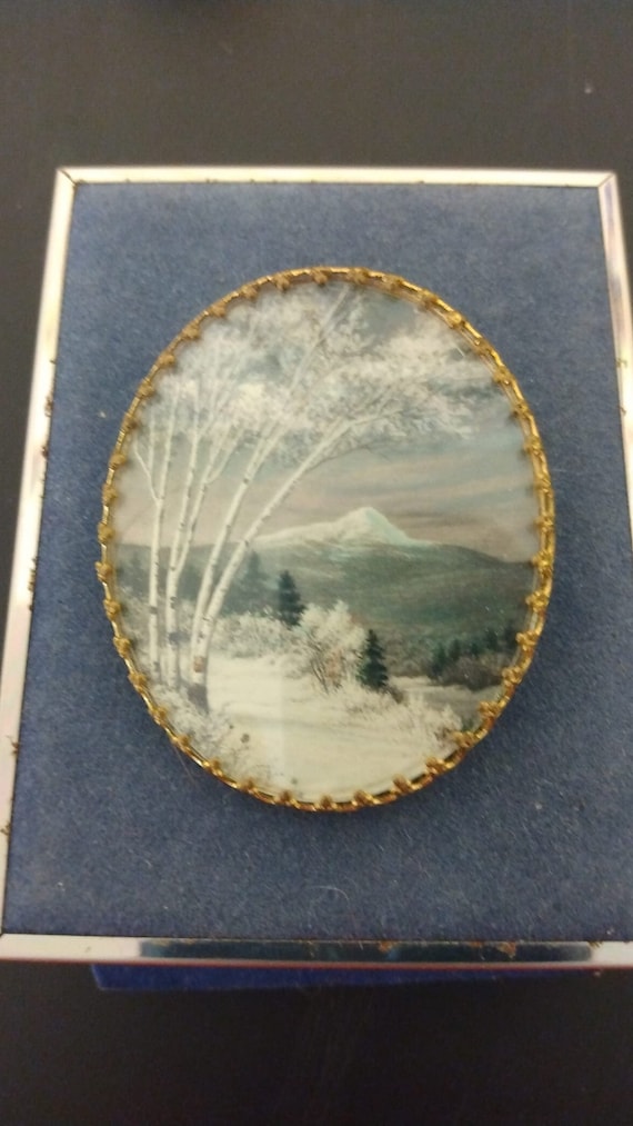 Hand-tinted winter scene photograph brooch