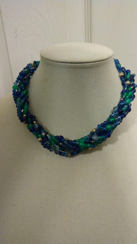 Twisted blue and green glass bead necklace - image 3