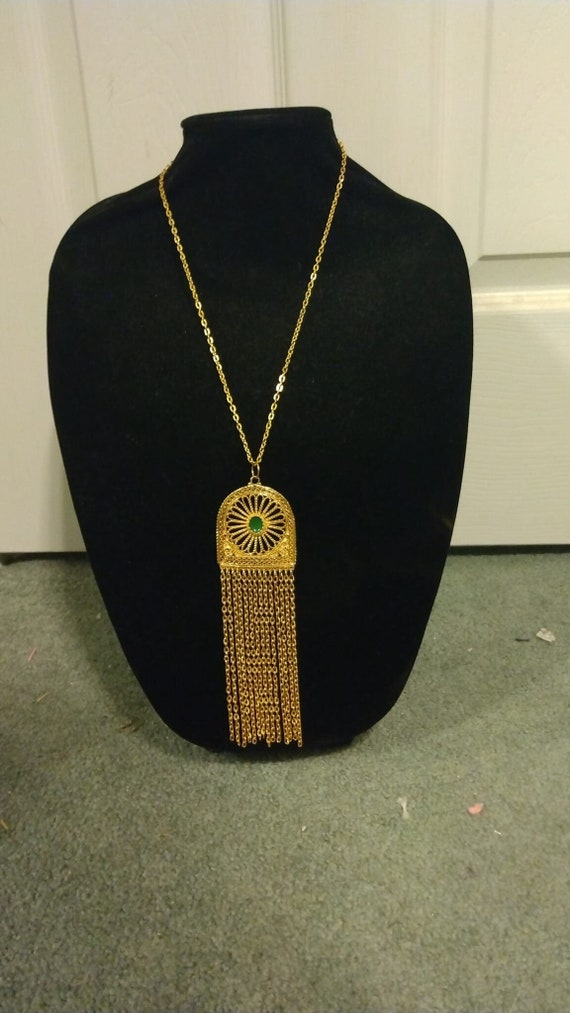 Fringed tassel gold-tone pendant statement necklac