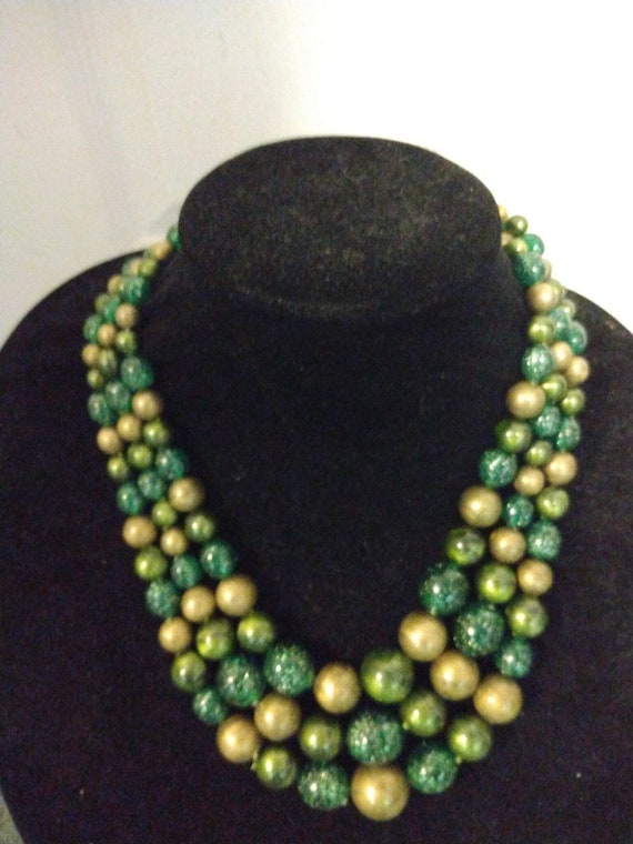 Coro green and yellow three strand beaded necklace