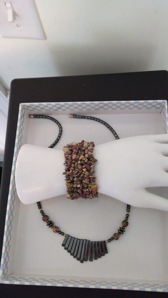 Leopard skin jasper and hematite necklace and stre