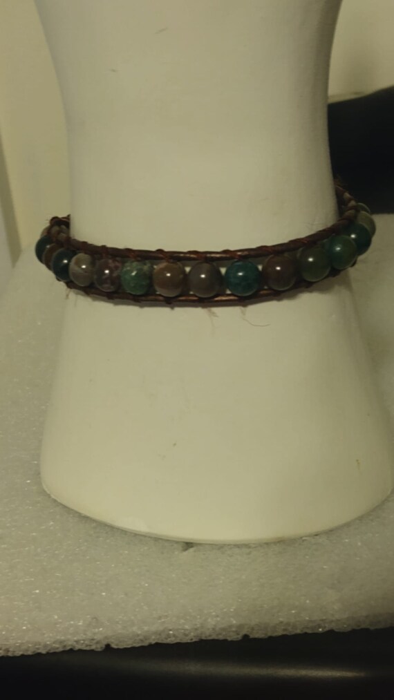 Moss agate bead bracelet with sterling silver but… - image 3