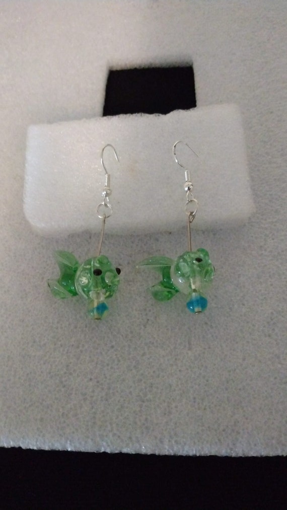 Handmade lampwork green glass fish earrings