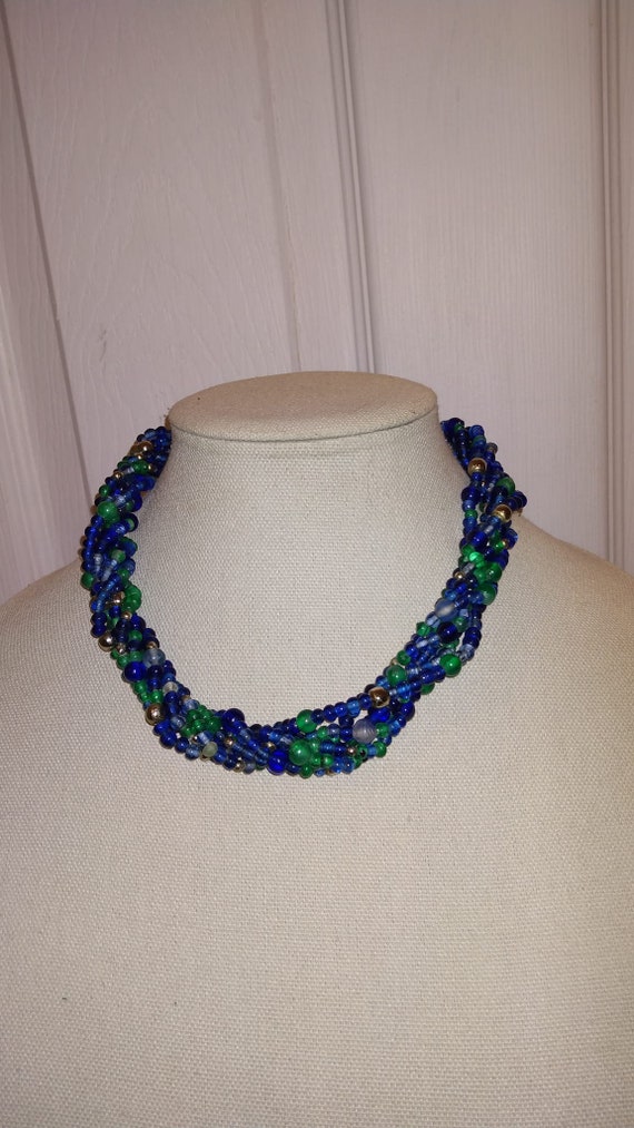 Twisted blue and green glass bead necklace - image 2