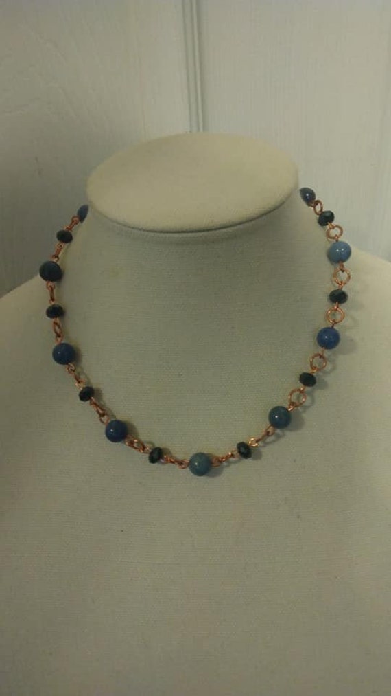 Blue agate and glass bead station necklace