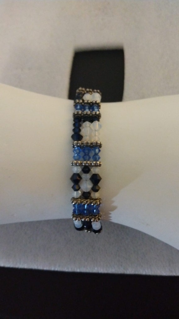 Handmade blue, black, and white seed bead bracelet