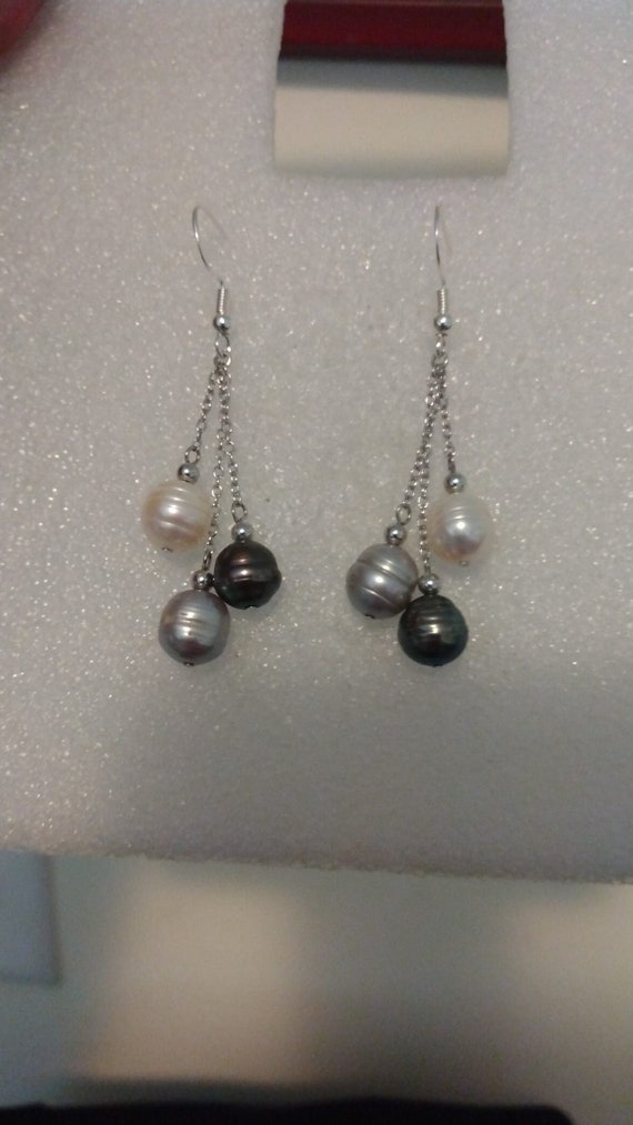 Multi-colored genuine pearl dangle earrings
