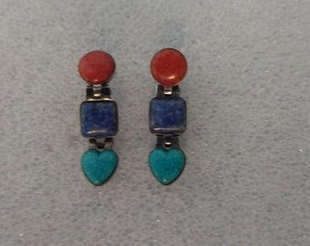 1990s-era Carolyn Pollack sterling silver red coral, lapis lazuli, and turquenite heart dangle stud earrings