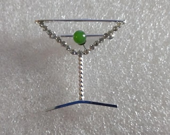 Krementz 1974 Martini glass brooch with genuine jadeite jade olive