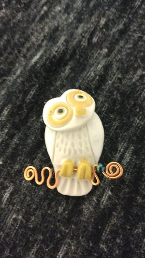 Handmade white ceramic owl brooch