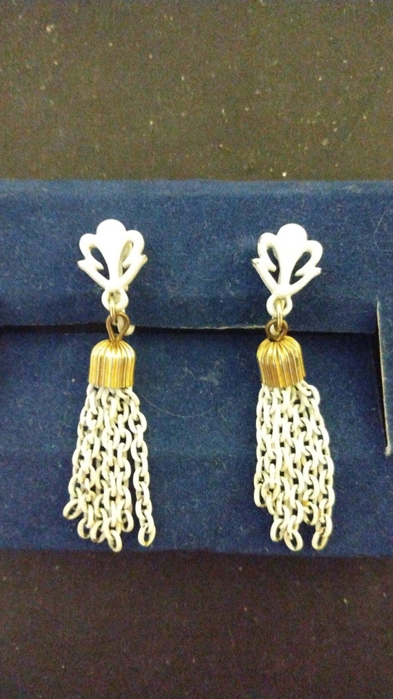 Crown Trifari white tassel clip-on earrings