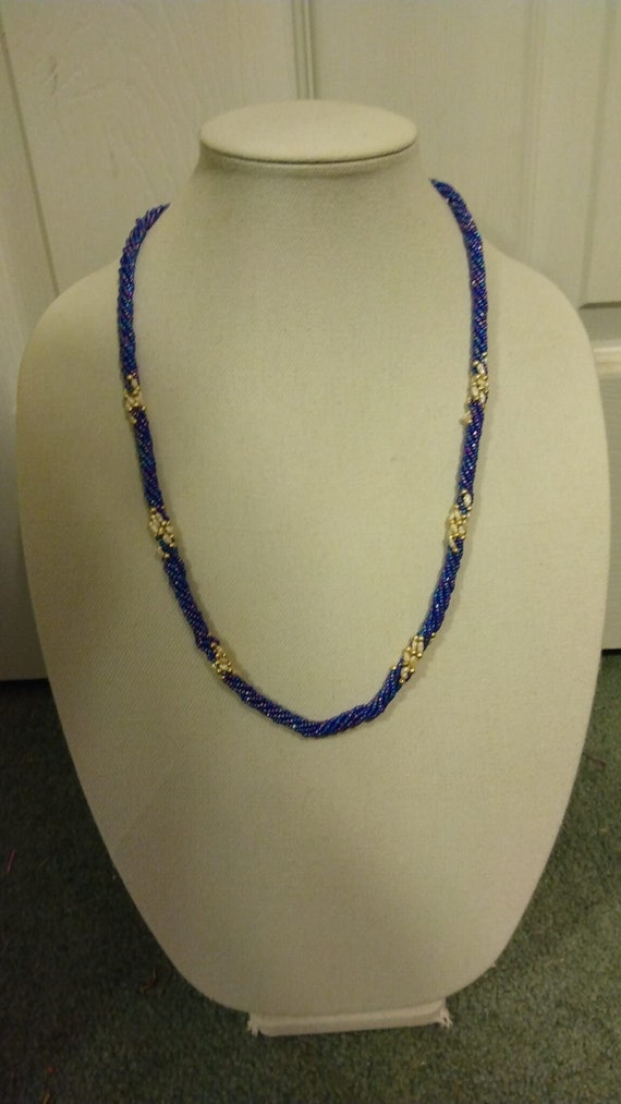 Iridescent blue seed beaded necklace with genuine 