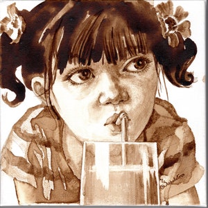 Original coffee painting on canvas Girl with Drink