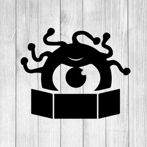 May include: A black silhouette of a cartoon monster with a large eye, tentacles, and a smiling mouth. The monster is positioned above a three-panel shape, possibly a game board. The image is set against a white and gray wood grain background.