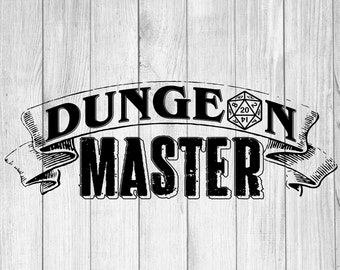 May include: Black and white graphic design with the text "Dungeon Master" in a vintage style font. A 20-sided die is included in the design.