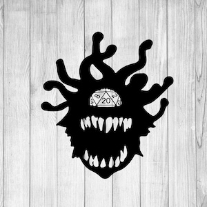 Può includere: Illustrazione in bianco e nero di un mostro con un dado a 20 facce come occhio. Il mostro ha una grande bocca piena di denti e tentacoli.