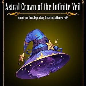 May include: A fantasy-themed illustration of a wizard's hat, the "Astral Crown of the Infinite Veil." The hat is primarily blue with a purple interior, adorned with gold stars and a crescent moon. The text on the image reads "Astral Crown of the Infinite Veil."
