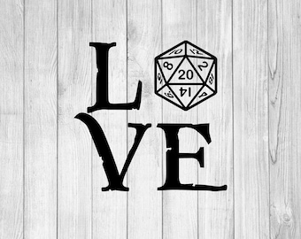 May include: Black and white graphic design of the word "LOVE" with a 20-sided die in the center.