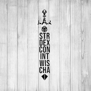 Puede incluir: Gráfico en blanco y negro de una espada con una empuñadura decorativa y una punta en forma de diamante. La hoja de la espada presenta las palabras STR, DEX, CON, INT, WIS y CHA, con una forma geométrica encima del texto.