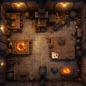 Schmiede Interior Battle Map, D&D Battle Map, D&D, Battlemap, Dungeons and Dragons, 5e, Roll20, Fantasy Grounds, Gießerei, VTT, Digital