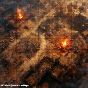 Raided Village Battle Map, DnD Battle Map, D&D, Battlemap, Dungeons and Dragons, 5e, Roll20, Fantasy Grounds, Foundry, VTT, Digitale kaart