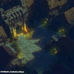 City Streets Night Battle Map, DnD Battle Map, D&D, Battlemap, Dungeons and Dragons, 5e, Roll20, Fantasy Grounds, Foundry, VTT, Digitale kaart