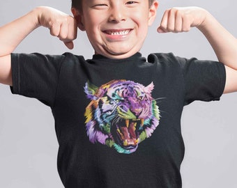 Kids Colourful Tiger T-Shirt | Pop Art Rainbow Jungle Animal Lover Gift | Printed In-House