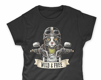 Women's Biker Cat T-Shirt | Wild and Free Slogan | Motorbike Kitten Eat Sleep Ride Scooter Gift For Her | Various Colours Available