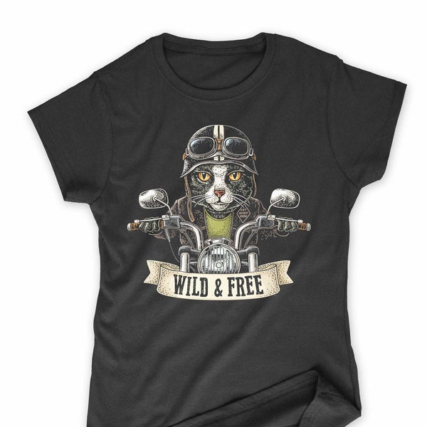 Women's Biker Cat T-Shirt | Wild and Free Slogan | Motorbike Kitten Eat Sleep Ride Scooter Gift For Her | Various Colours Available