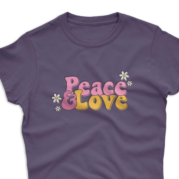 Women's Peace & Love T-Shirt | Daisy Flower Inspirational 1970s Happy Hippie Gift | Quality Heavy Tee | Printed In-House