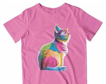 Kids Colourful Kitten T-Shirt | Animal Pet Lover Cat with Geometric Rainbow Colours Gift | Printed In-House