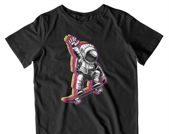 Kids Rainbow Spaceman Skateboarder T-Shirt | Astronaut Vintage Retro Street Gift | Printed In-House