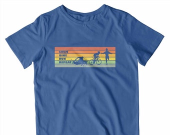 Kids Swim Bike Run Repeat T-Shirt | Triathlon Stripes Sport Fitness Gift | Printed In-House