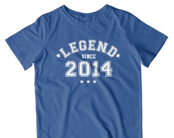 Kids Legend Since 2014 | 10th Birthday T-Shirt | Funny Varsity University Style Gift | Any Year | Multiple Colours