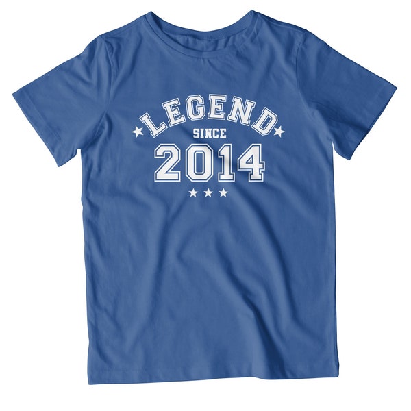 Kids Legend Since 2014 | 10th Birthday T-Shirt | Funny Varsity University Style Gift | Any Year | Multiple Colours