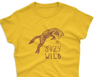 Women's Stay Wild T-Shirt | Jumping Fox Hipster Outdoor Hike Freedom Animal Heavy Quality Tee Gift | Printed In-House