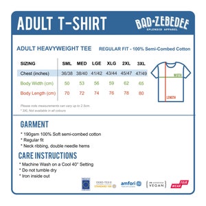 May include: Size chart for an adult t-shirt made of 190gsm 100% soft semi-combed cotton. The chart shows measurements in inches and centimeters for chest, body width, and body length. The chart includes sizes from small to 3XL. The t-shirt is a regular fit with neck ribbing and double needle hems. Care instructions include machine washing on a cool setting, not tumble drying, and ironing inside out.