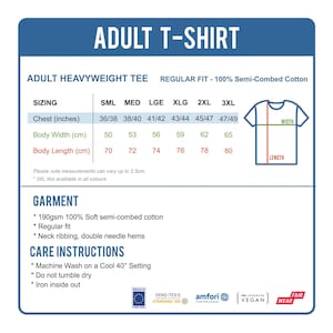 May include: Size chart for an adult heavyweight t-shirt made of 100% semi-combed cotton. The chart shows measurements in inches and centimeters for chest, body width, and body length. The t-shirt is available in sizes small, medium, large, extra large, 2XL, and 3XL.