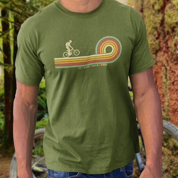 Retro Lines Mountain Bike T-Shirt | Retro 70s Colours Eat Sleep Ride MTB Bicycle Bike Gift | Printed In-House