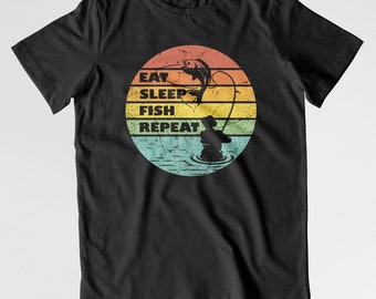 Kids Eat Sleep Fish Repeat T-Shirt | Retro Distressed Fishing Fisherman Angling Gift | Various Colours Available