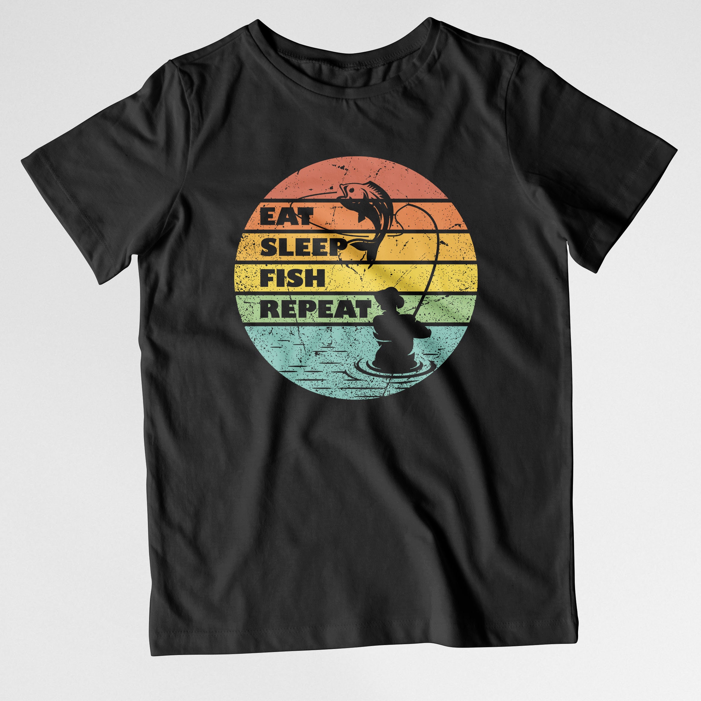 BadZebedeeShop Kids Eat Sleep Fish Repeat T-Shirt | Retro Distressed Fishing Fisherman Angling Gift | Various Colours Available