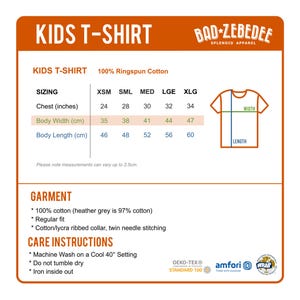 May include: Kids T-shirt size chart with measurements in inches and centimeters. The chart shows chest, body width, and body length measurements for sizes XSM, SML, MED, LGE, and XLG. The chart also includes a diagram of a t-shirt with the words "WIDTH" and "LENGTH" labeled.