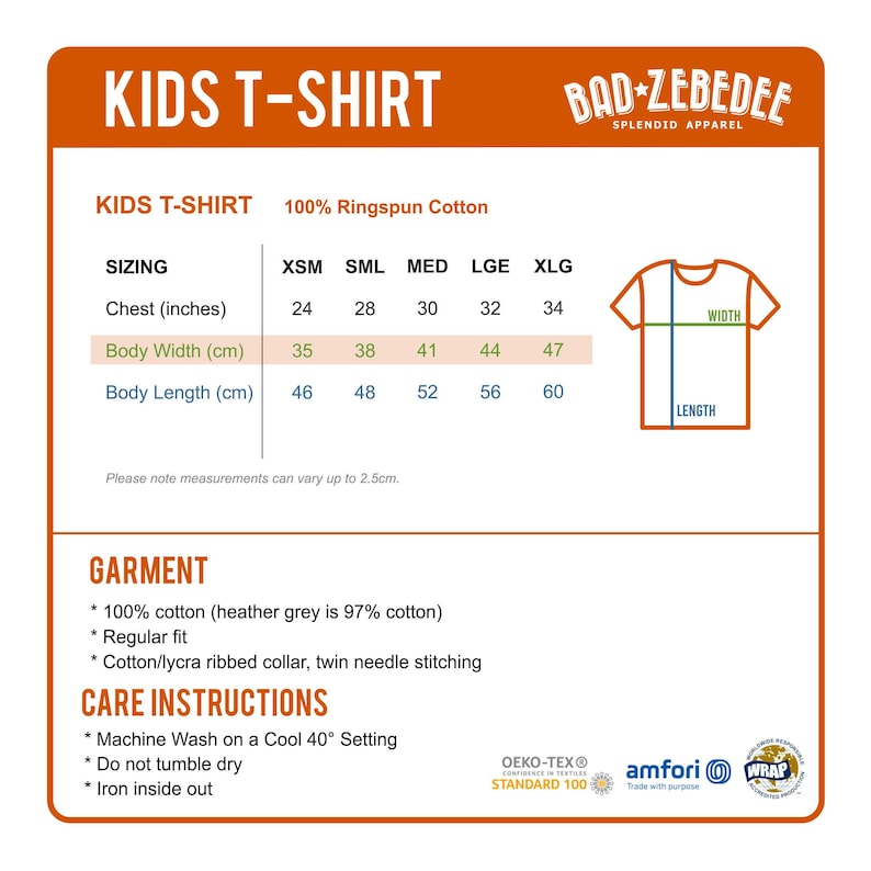 May include: Kids T-shirt size chart with measurements in inches and centimeters. The chart shows chest, body width, and body length measurements for sizes XSM, SML, MED, LGE, and XLG. The chart also includes a diagram of a t-shirt with the words "WIDTH" and "LENGTH" labeled.