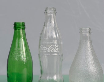 Vintage Flaschen  3 Stück für Seife Putzmittel Essig & Öl  - Glasflaschen Orangina Cola Perrier aus Frankreich