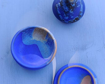 Vase + Dose Handarbeit handmade midcentury 70s Keramik retro braun blau pottery Glasur Verlauf