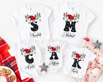 Personalized Christmas Family Shirt: Santa Hat Initial Holiday Tee, XMas Matching Shirts 2025,  Custom Group T-Shirts For Gift