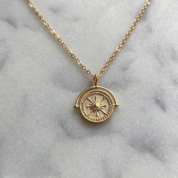 16K Gold Plated Sun Coin Charm Necklace Pendant, Boho, Unique minimal necklace, Layering Necklace, Necklace for her, Gift for her