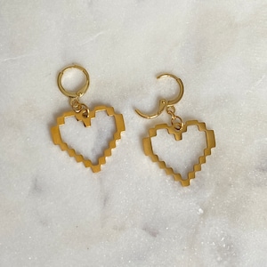 Pixel Heart Earrings, Gold Pixelated Heart Huggies, Huggie Earrings, Gamer Jewelry, Minimal, 18k Gold Plated, Gift for Her