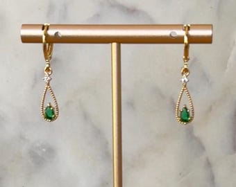 Dainty Gold Emerald Green Teardrop Huggie Earrings, Dangle Earrings, Green Earrings, Minimal, 18k Gold Plated, Gift for her